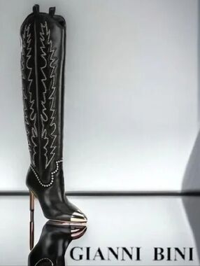 Giani Bernini Black and Gold Studded Heeled Boots